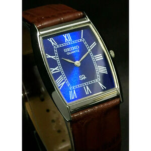 Vintage Style Seiko Quartz Mens Silver Watch & Blue accents W/ Leather Strap